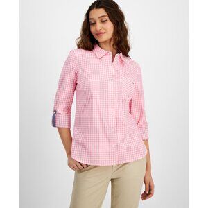 Tommy Hilfiger Women's Cotton Gingham Roll-Tab Shirt Pink Size M MSRP $70